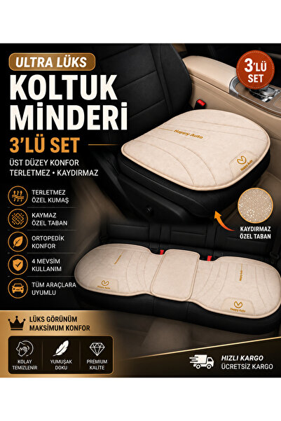 mutlu oto aksesuar Ultra Lüks 3’lü Oto Koltuk Minderi Krem Renk Terletmez Kay...
