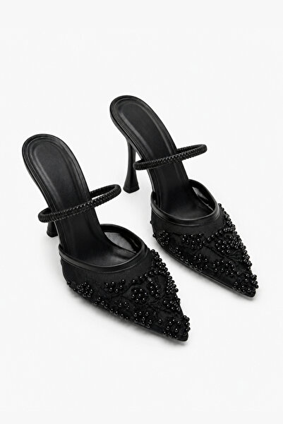BonuStep Pantofi cu toc pentru femei Calista, negri, cu dantelă, broderie și ...