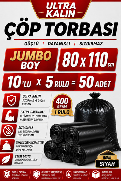 OPTİMEX Endüstriyel Extra Kalın 400 Gr.jumbo Çöp Torbası 10'lu X 5 Rulo