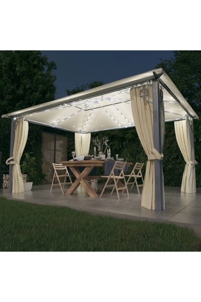 Concept Pavilion cu perdele & șiruri lumini LED, crem, 4x3 m, aluminiu