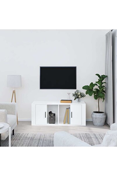 Concept Comodă TV, alb extralucios, 100x35x40 cm, lemn prelucrat