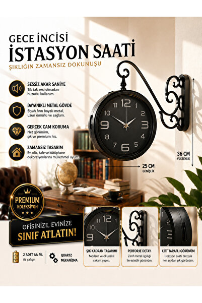KOLAYEV Metal Çift Taraflı İstasyon Saati Sessiz Akar Saniye Siyah Dekoratif ...