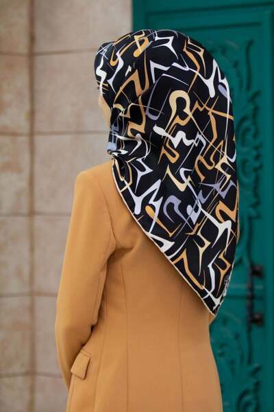 57% SILK 43% VISCOSE Twill Silk Abstract Geometric Patterned Gold - Gray Color 90x90 Scarf Sewing Shape :