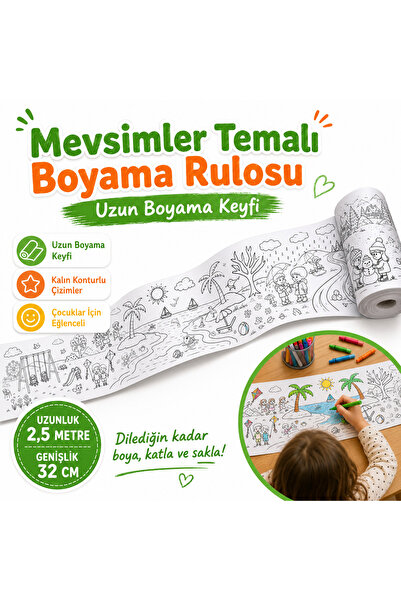AHDTOPTAN Dört Mevsim Boyama Rulosu 32 cm x 2,5 Metre | Çocuklar İçin Uzun Bo...