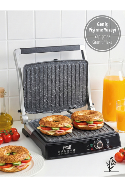 FMS Granit Kollu Tost Makinesi Inoks | 2000W | Ayarlı Termostat | Izgara & Tost