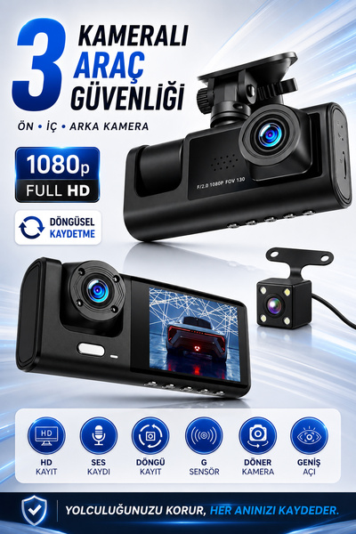 Venenon 3 Kameralı LCD Ekran Araç Kamerası FullHD Geniş Açı Ön + Arka + Araç ...