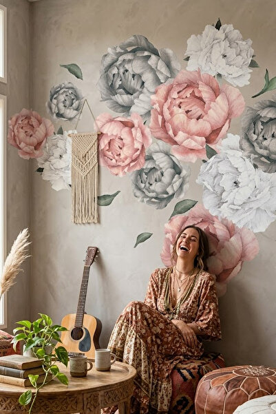 KT Decor ملصق حائط عملاق على شكل زهور الفاوانيا الملونة