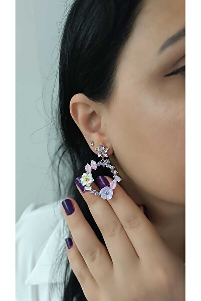 shop Floral Design Crystal Stone Hoop Earrings – Elegant Gold Detailed Women'...