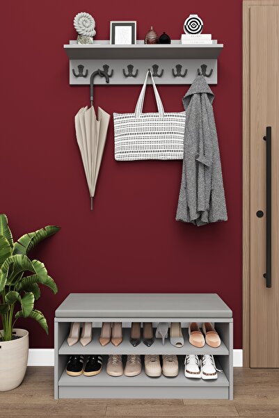 asratrend Lüks Puflu Ayakkabılık ve Askılık %100 MDF 2 Raflı Portmanto Seti A34