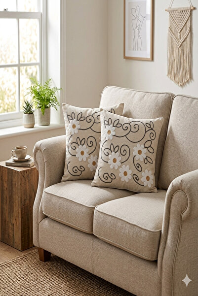 Bilgiçler Tekstil Set de 2 huse de pernă din in brodat Bohemian Punch - 43x43 Cm