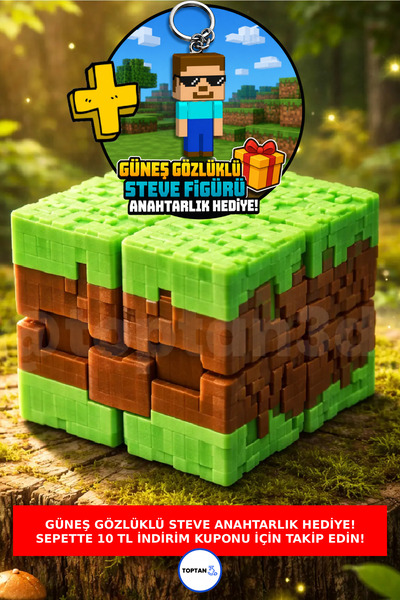Minecraft Style Grass Block Stress Cube, Infinite Cube + Steve Keychain