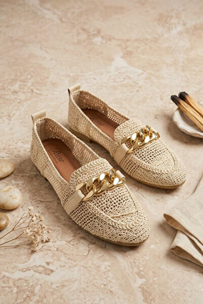 Godystep Lena Krem Altın Zincir Detaylı Hasır Örgü Slip-On Kadın Loafer Ayakkabı