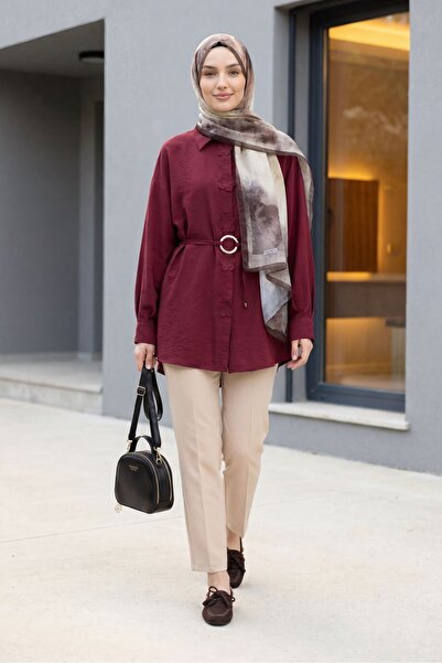 Modamorfo Modal Tunic with Floral Detail on the Front and Buckle Belt - Burgundy