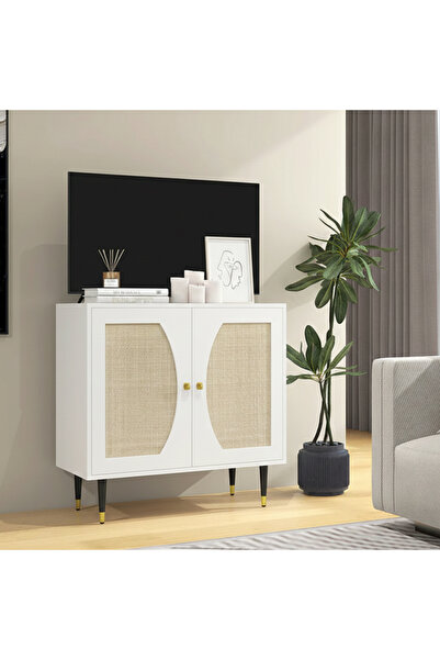 KEKE White Rattan Cabinet with 2 Doors & Boho Sideboard Storage Cabinet for L...