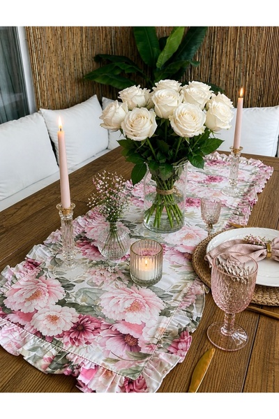 Decamor home Çiçek Desenli Tam Fırfırlı Pembe Ekru Runner