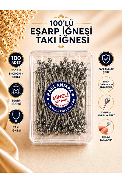 BERAYE 100 Adet Gümüş Renk Toplu İğne, Türban Eşarp Başörtüsü Şal Düğün Nikah...