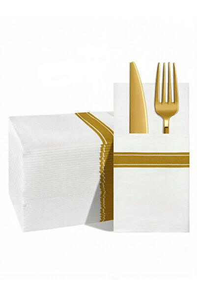 Nonebranded Rectangular Cloth White Napkins with Gold Border, Fancy Paper Nap...