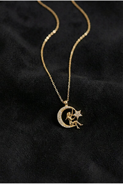Roza Silver 925 Ayar Zirkon Taşlı Gold Kız Figürlü Ay Yıldız Gümüş Kolye