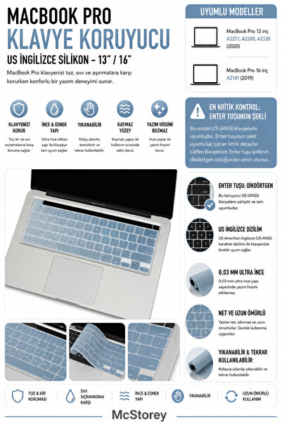 Mcstorey Macbook Pro Kılıf Klavye Koruyucu 13inç M1 M2 Ingilizce Baskı (US-AB...
