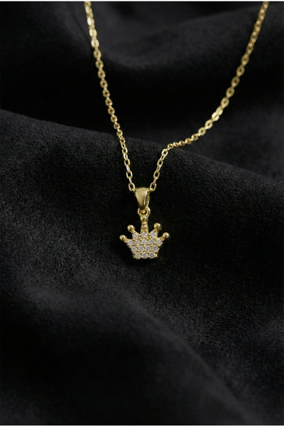 Roza Silver 925 Ayar Zirkon Taşlı Gold Taç Model Minimal Gümüş Kolye