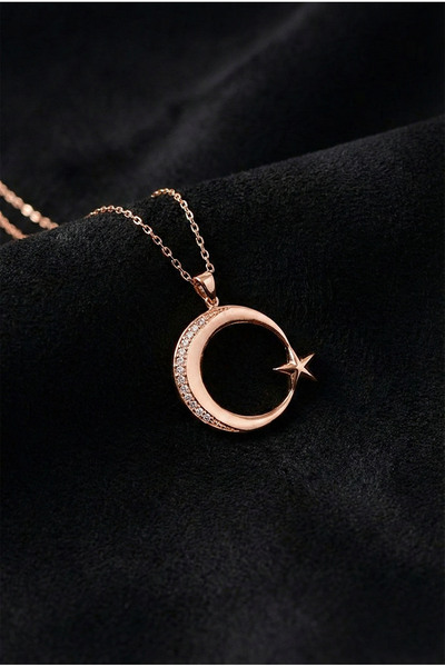 Roza Silver 925 Ayar Zirkon Taşlı Rose Ay Yıldız Bayrak Gümüş Kolye