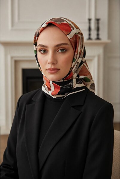Vissona %100 Twill İpek Geometrik Desenli Turuncu - Zümrüt Yeşili Renkli 90x9...