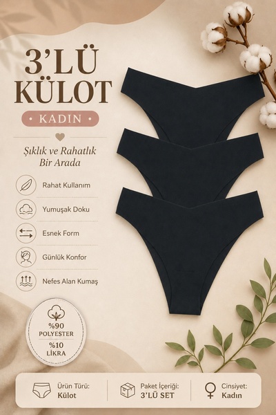 Nicoletta Kadın Külot Lazer Kesim V Şekil Iz Yapmaz 3 lü Paket Polyester SIYAH