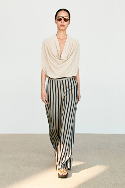 Massimo Dutti Keten karışımlı çizgili bol pantolon