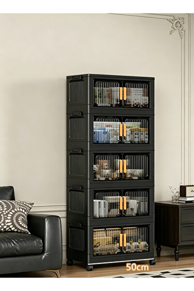 CozyWorld 5-Tier Black Rolling Storage Cabinet with Clear Striped Panels, 50c...