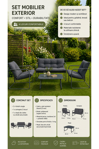 Extramall Set mobilier grădină 4 piese – canapea 2 locuri, 2 fotolii și masă ...