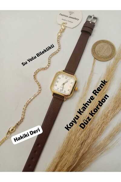 Brality Minimal Vintage Retro Kadın Kol Saati_ HAKİKİ DERİ , Koyu Kahve Kordo...