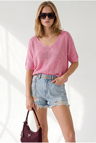 Olalook Women's Pink V-Neck Mercerized Bat Flowy Knitwear Blouse Blz-19003210