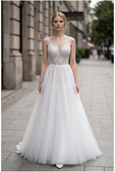 GÖKŞİN MODA A-Line Beaded Lace up Back Helen Wedding Dress