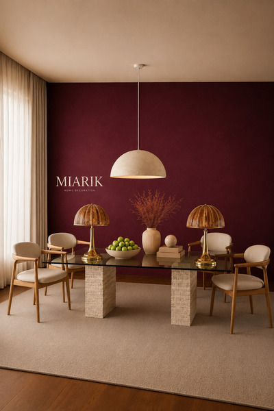 MIARIK DESIGN Traverten Mermer Kup Ayakli Sahra Cam Tablali Yemek Masasi