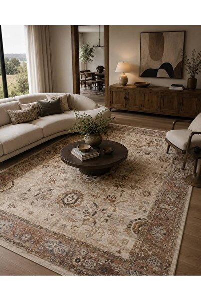 Neşem Halı Boutique EKOHALI Pietra PTA 22 Cream Brown Etnik Desenler ile Bulu...