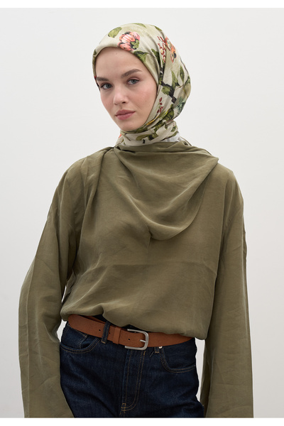 Freshscarfs Μαλακό πράσινο φουλάρι με σχέδιο λουλουδιών και βροχής από βαμβάκ...