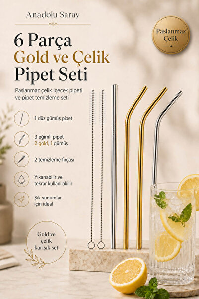 Anadolu Saray Çarşısı 6 Parça Gold Ve Çelik Pipet Seti Paslanmaz Meşrubat Pip...