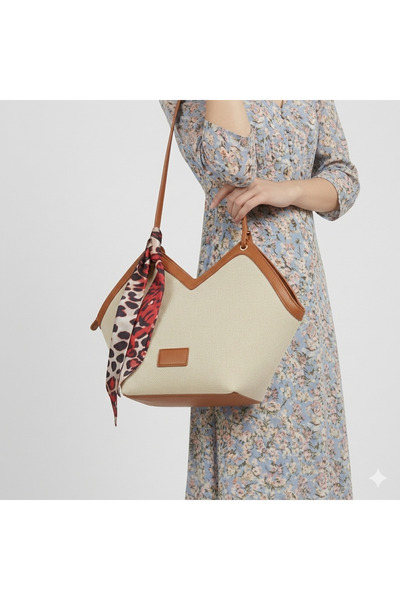 Mercan Stores Women's Beige Zippered Scarf Detailed Shoulder Strap Bag