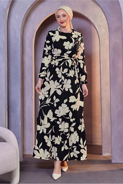 TRENDTESETTÜR WOMEN'S CREAM BELLOWED FLOWER PATTERNED DRESS T 4593