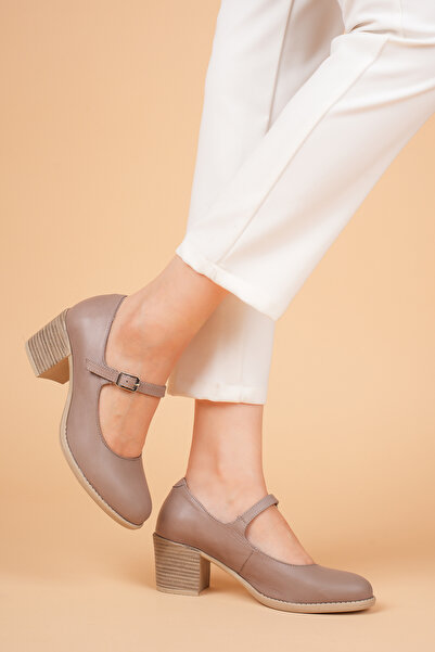 ANALİN SHOES Pantofi cu toc cu bretele de damă din piele naturală - piatră