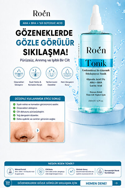 Roen AHA BHA Tonik, Komedon Karşıtı Tonik, Glycolic %5, Siyah Nokta, Gözenek ...