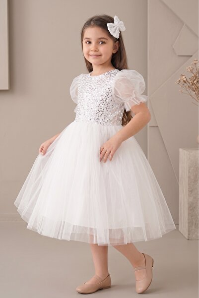 Mnk Baby&Kids Balon Kol Pul Payet Kız Çocuk Tütü Elbise M00751 BEYAZ
