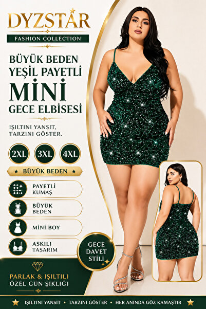 DYZSTAR Büyük Beden Zümrüt Yeşili Payetli Mini Abiye Elbise Askılı Işıltılı G...