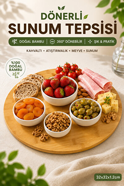 legna Premium Dönerli Bambu Sunum Tepsisi 32 cm | 360° Dönen Kahvaltı ve Çere...