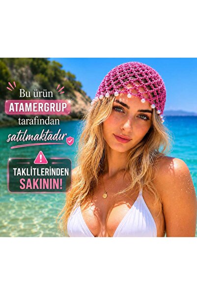 atamergrup El Yapımı Örgü Bandana GÜL KURUSU Boncuk Detaylı Yazlık Saç Aksesu...