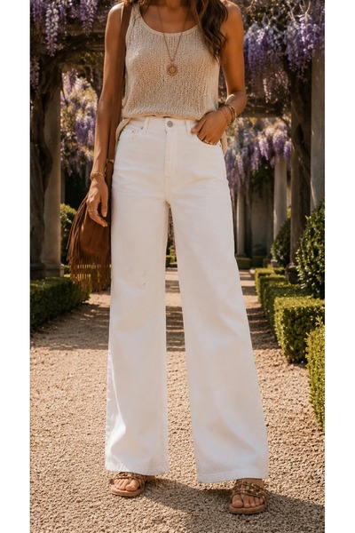 Dema Kadın Beyaz Yüksek Bel Wide Leg Pantolon , Rahat kesim & Günlük