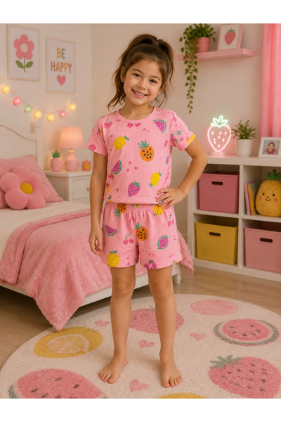 Pijamakids Момичешки памучен комплект пижама с къс ръкав, розов цвят, тънък, ...