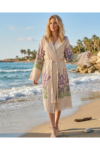 Luppio Kapüşonlu Beachwear %100 Pamuklu Lavanta Desen Müslin Kimono