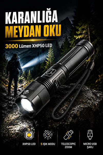 PeakStar Ps-1600 3000 Lümen Süper Parlak Led Zoomlu 5 Mod Su Geçirmez Profesy...