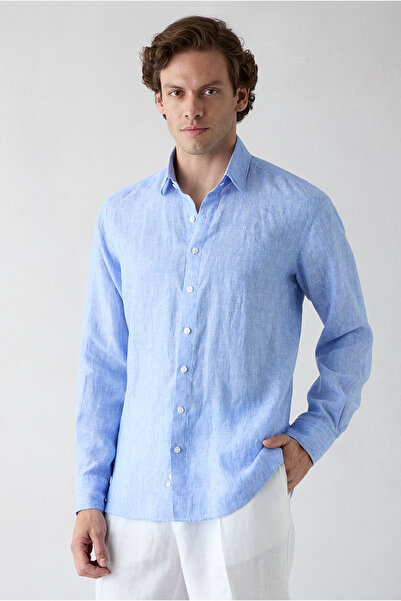 Kiğılı Long Sleeve Regular Fit Buttoned Collar Striped 100% Linen Shirt
